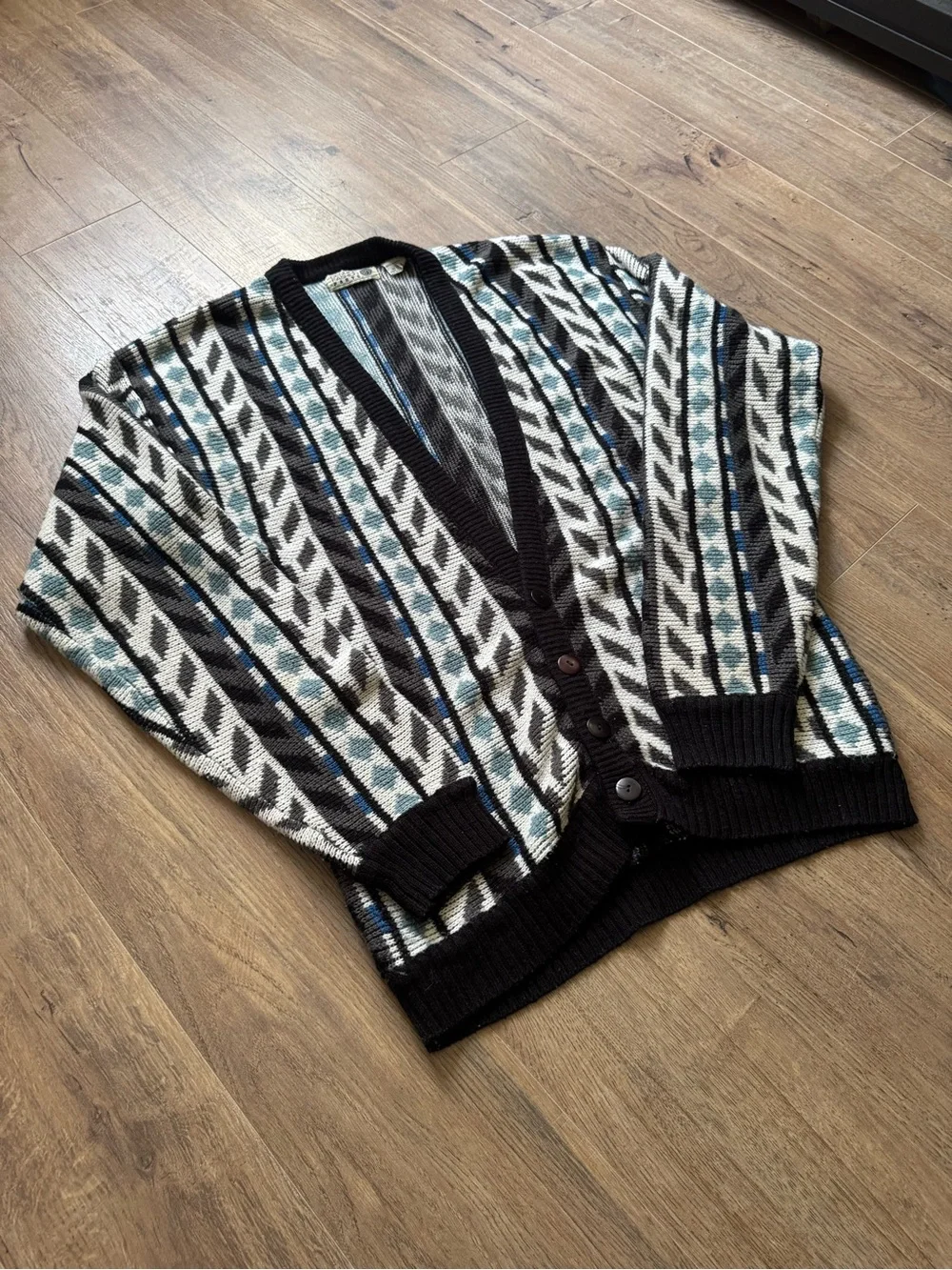 Vintage 90s Grandpa Cardigan Sweater Large Black Blue Coogi